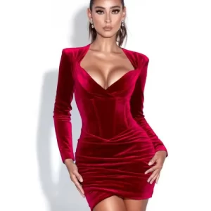 Robe,robe sexy moulante femme hiver velours vetement femme 2021 robe moulante,women dress - Type Rouge